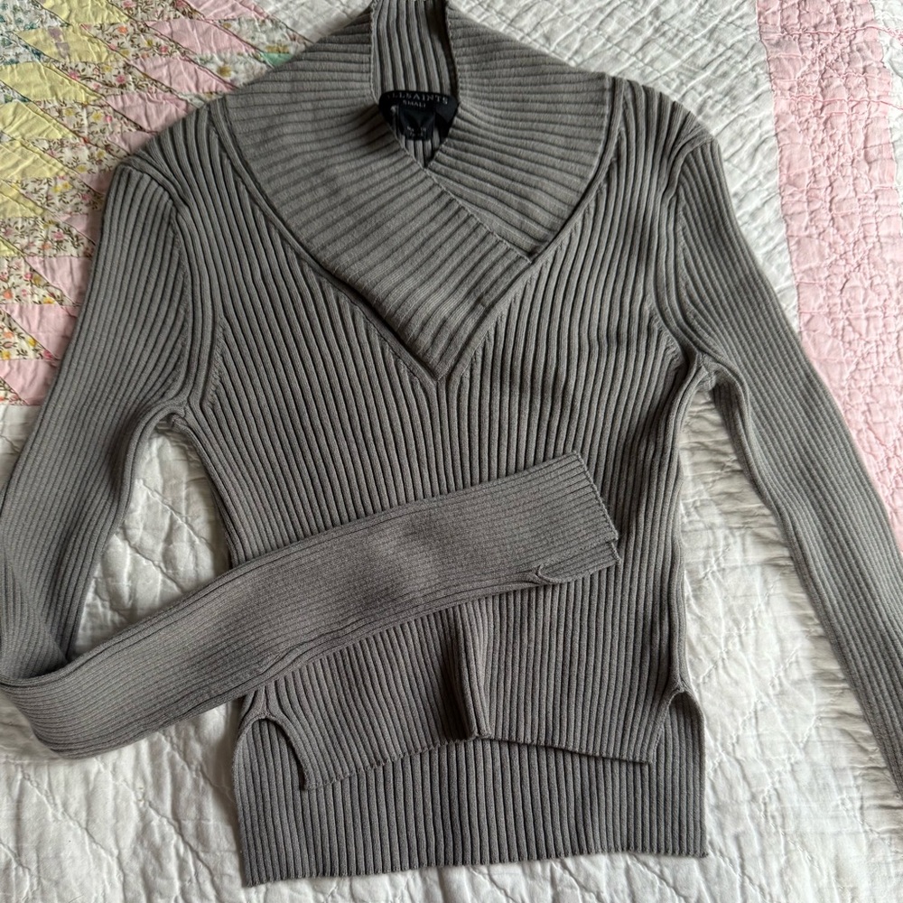 All Saints Gray Ribbed Cowl Neck Sweater